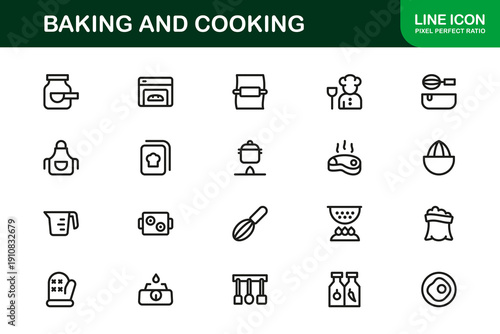 Baking and Cooking Professional Line Icon Collection. Clean modern symbols illustrating recipe preparation, pastry tools, cooking process, and food concepts