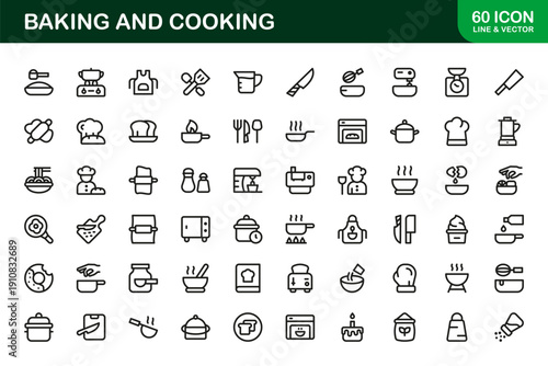 Baking and Cooking Modern Line Icon Set. Professional minimal vector icons highlighting chef tools, dessert preparation, meal cooking, and kitchen activities