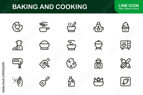 Baking and Cooking Professional Line Icon Set. Modern clean symbols designed for pastry making, food preparation, kitchen utensils, and chef workflow