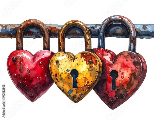 Heart-shaped padlocks hang on a rusty bar, rendered in a watercolor style with vibrant red, yellow, and metallic tones