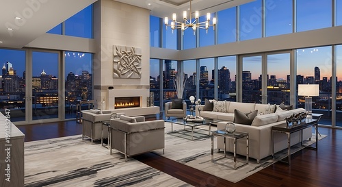 Luxury penthouse living room with city skyline view at dusk modern furniture and interior design