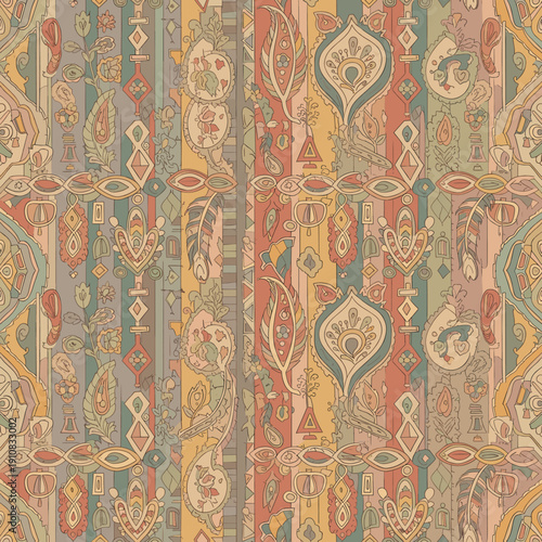 A seamless repeating pattern featuring a vibrant, intricate tapestry of paisley motifs and vertical stripes in a warm, earthy color palette.