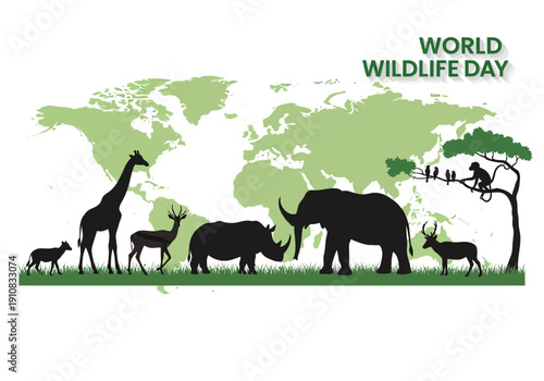 World wildlife day silhouettes of african animals and world map