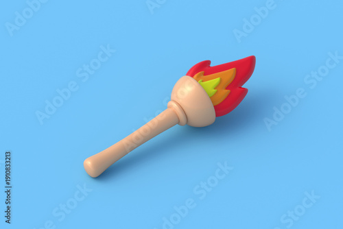 Fire torch on blue background. Ancient lamp. Vintage flambeau. 3d render