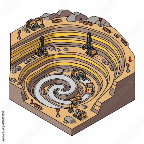 Open pit mine excavation with heavy machinery and layered terrain.