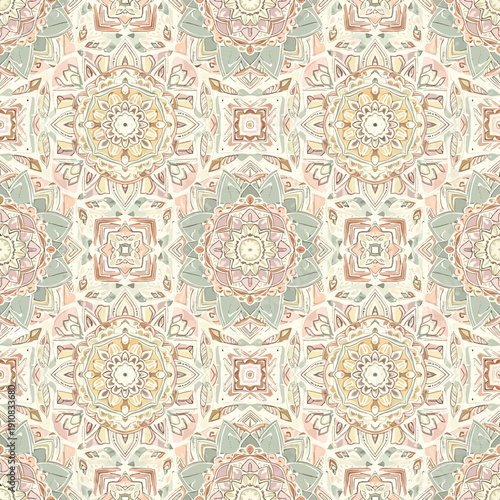 Seamless vintage damask pattern with intricate floral and geometric motifs in pastel colors.