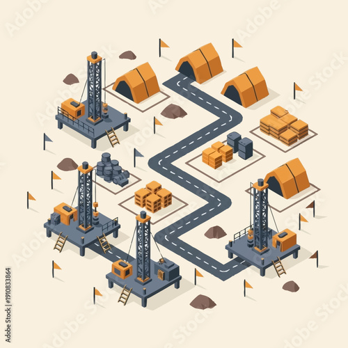 Isometric illustration of an industrial facility with oil rigs and storage tanks connected by a winding road.