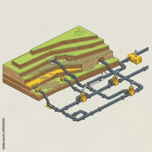 Oil extraction process illustration with layered earth and pipelines.