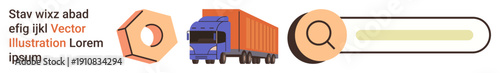 Logistics, search functionality, transportation, e-commerce, technology, online services. A truck, search bar and hexagon symbol are . Logistics and search functionality concepts