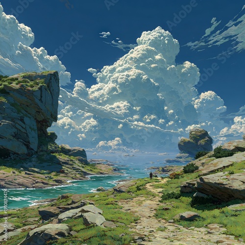 Serene Coastal Landscape with Lush Greenery and Dramatic Clouds