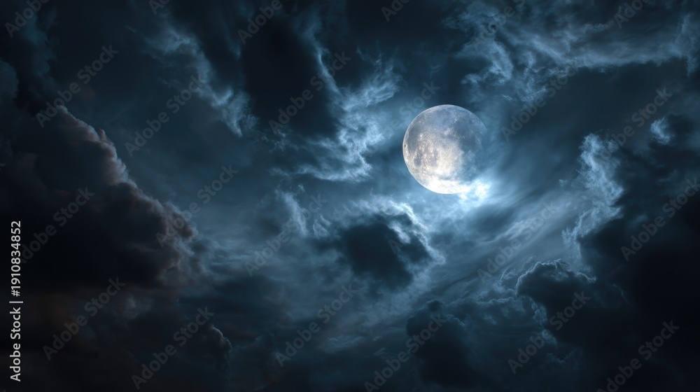 Fototapeta premium A full moon shines brightly amidst a dynamic sky of swirling, dark, textured clouds, creating a dramatic, atmospheric nighttime scene