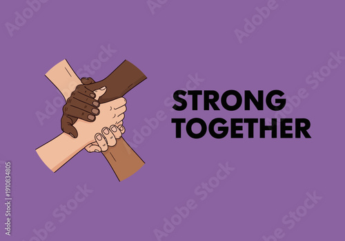 Hands of different skin tones clasped together symbolizing unity and strength