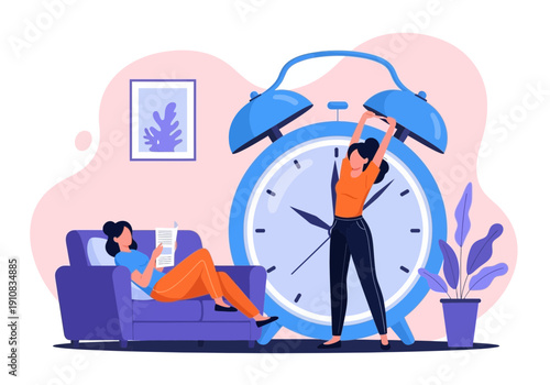 Woman stretching next to giant alarm clock while another reads on sofa