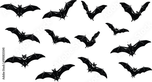 Flying bat silhouette set in various wing positions, black nocturnal animal vector collection isolated on white background for design