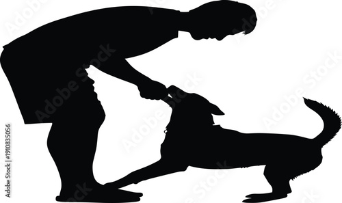 Cute black silhouette of children building sandcastle and man training dog, kids playing at beach and pet obedience scene, summer activity vector illustration