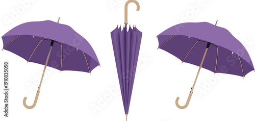 Purple umbrella vector illustration set showing open and closed classic umbrellas isolated on white background for rain protection design concepts branding decoration