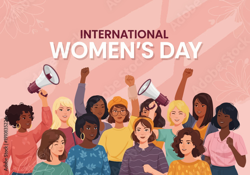 International womens day celebration with diverse group holding megaphones