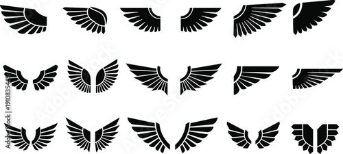 Stylized vector illustration of diverse wing icons, black silhouette designs for tattoo inspiration, branding, graphic design, and creative decoration