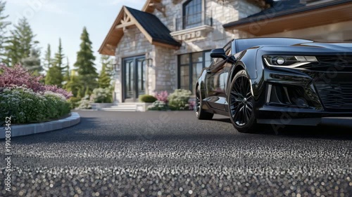 181Automobile-ready rubber crumb driveway stretching toward a country house, realistic texture and slight reflectivity on tiles, landscaped garden along edges, natural daylight