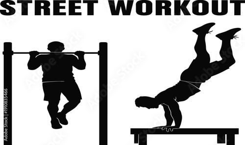 Black silhouette street workout athletes performing pull-ups on bar and handstand push-up on bench, calisthenics training, urban fitness and bodyweight exercise vector illustration