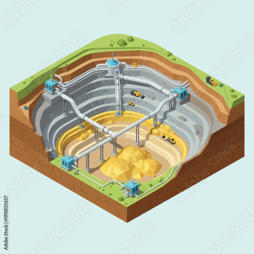 3D illustration of an open pit mine with machinery and infrastructure.