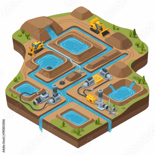 Isometric illustration of a water treatment plant with various stages and machinery.