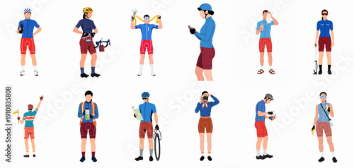 Set of twelve flat vector illustrations depicting cyclists performing different actions related to training, racing, maintenance, and rest.