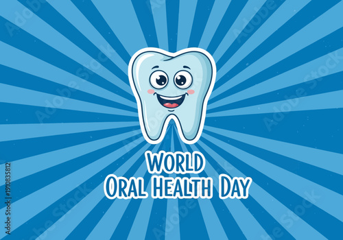 Cartoon tooth character celebrating world oral health day with blue rays background