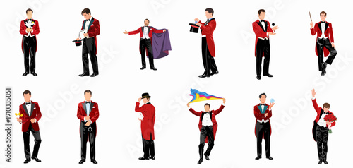 A collection of vectors illustrating a professional magician performing various illusions, dressed in a traditional red tailcoat and top hat.