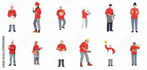 Collection of professional chefs in red uniforms performing various cooking tasks, isolated vector illustration set on white background.