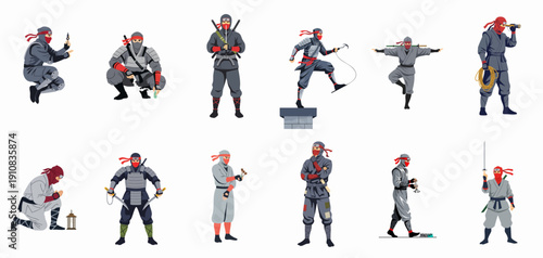 Vector set of twelve Japanese shinobi (ninjas) performing actions, wearing traditional costumes, and armed with various stealth and martial arts weapons.