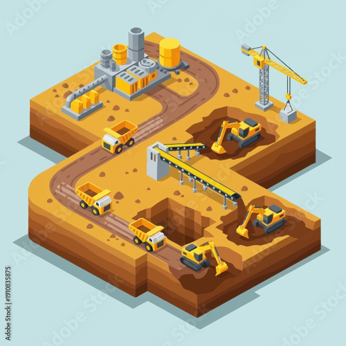 Isometric Construction Site with Heavy Machinery and Equipment.