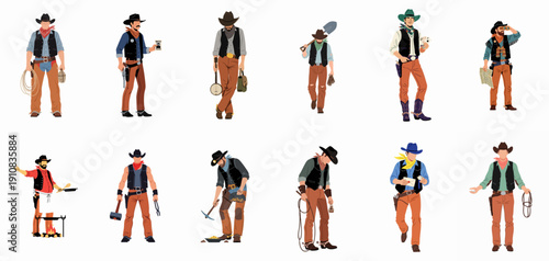 Diverse Set of Wild West Cowboy Characters: Vector Collection Illustrating Different Professions, Activities, and Occupations on White Background.