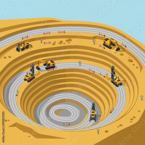 Large open pit mine with heavy machinery and excavation equipment.