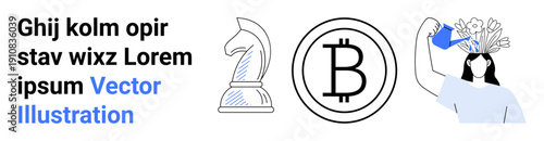 Strategy, technology, finance, creativity, blockchain, personal growth. Chess knight, Bitcoin symbol and a woman watering plants emerging from her head. Strategy and technology concepts