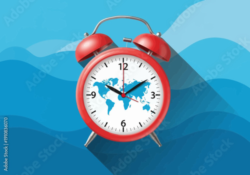 Red alarm clock with world map face on blue wavy background