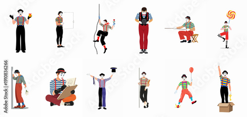A set of twelve cartoon illustrations depicting mimes performing classic theatrical pantomime acts, gestures, and illusions in various poses on a white background.