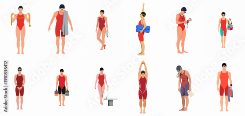 Vector set of female swimmers preparing for training, competition, or everyday pool activities, isolated on white background.