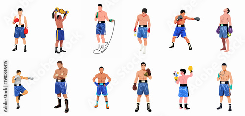 Collection of Male Boxers Vector Illustrations: Training, Fighting Stance, and Championship Celebration Poses.