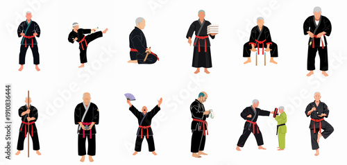 Elderly Martial Arts Grandmaster in Black Uniform Performing Combat Training, Meditation, and Instruction Poses.