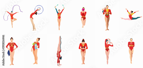 Rhythmic and Artistic Gymnastics Female Athletes Vector Set: Diverse Poses with Ribbon, Hoop, Ball, Clubs, and Medals.
