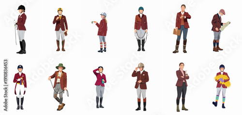 Diverse group of equestrian riders, trainers, and enthusiasts vector illustration set, featuring riding apparel, helmets, boots, and equipment isolated on white.