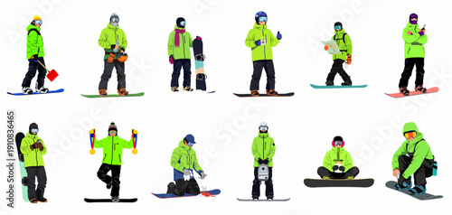 A vector set featuring diverse snowboarders in lime-green jackets performing various winter sports activities, including safety, maintenance, rest, and competition.