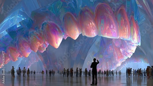 Vibrant Cave with Colorful Crystal Formations and Silhouetted Figures