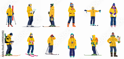 Diverse group of skiers and winter tourists in bright yellow jackets and goggles, engaging in various alpine outdoor activities.