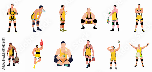 Vector set of professional wrestlers performing different actions like celebrating victory, drinking water, training, and posing, isolated on white background.
