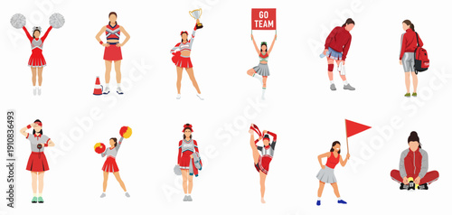 Collection of flat vector illustrations depicting cheerleaders and female team supporters in various active poses, celebrating victory, stretching, and preparing for the game.