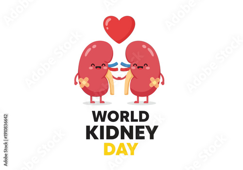 World kidney day with cute cartoon kidneys and a heart