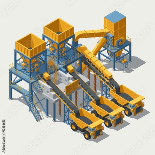 Industrial conveyor belt system with trucks and storage containers.