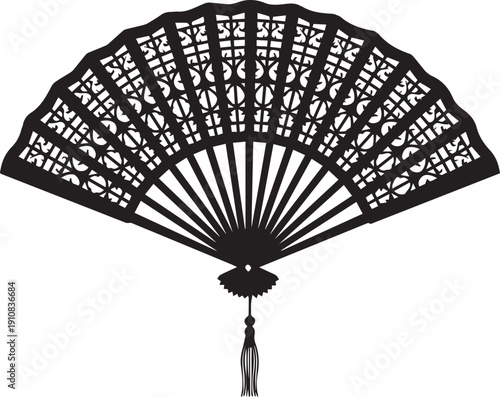 Ornate black lace folding fan silhouette with decorative tassel and filigree pattern